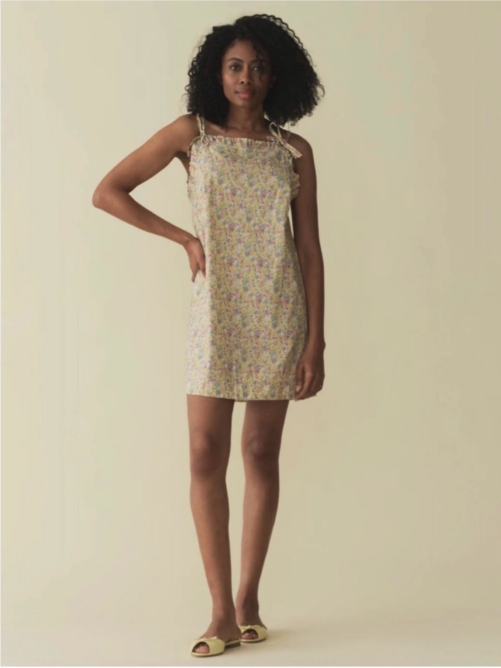 Doen Floral Mini Dress in Cream with Pink, Yellow & Green Accents